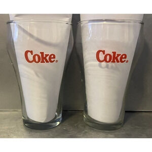 2 Vintage Red Letter Coca Cola Coke 5" Tall Clear Soda Fountain Glass Bell Shape